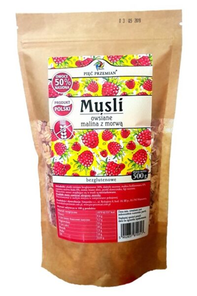 Musli owsiane malina z morwą bezglutenowe Pięć Przemian