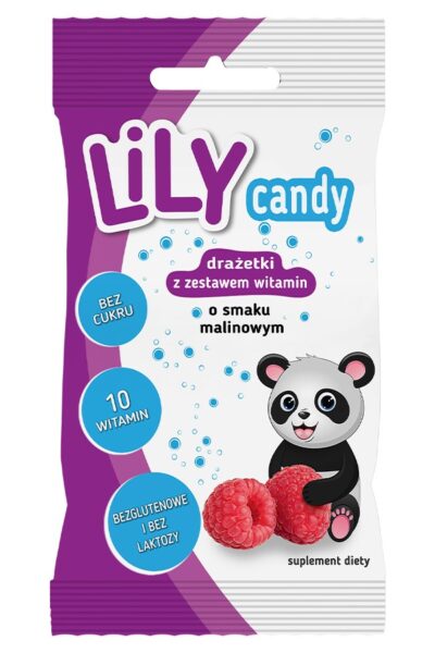Drażetki o smaku malinowym z zestawem 10 witamin LILY Candy